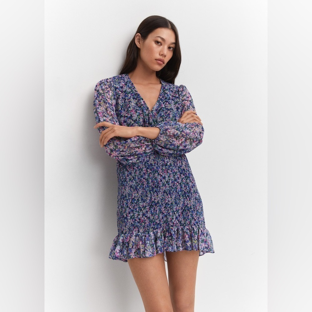 Mango Floral Ruched Long sleeves Mini Dress Size XL